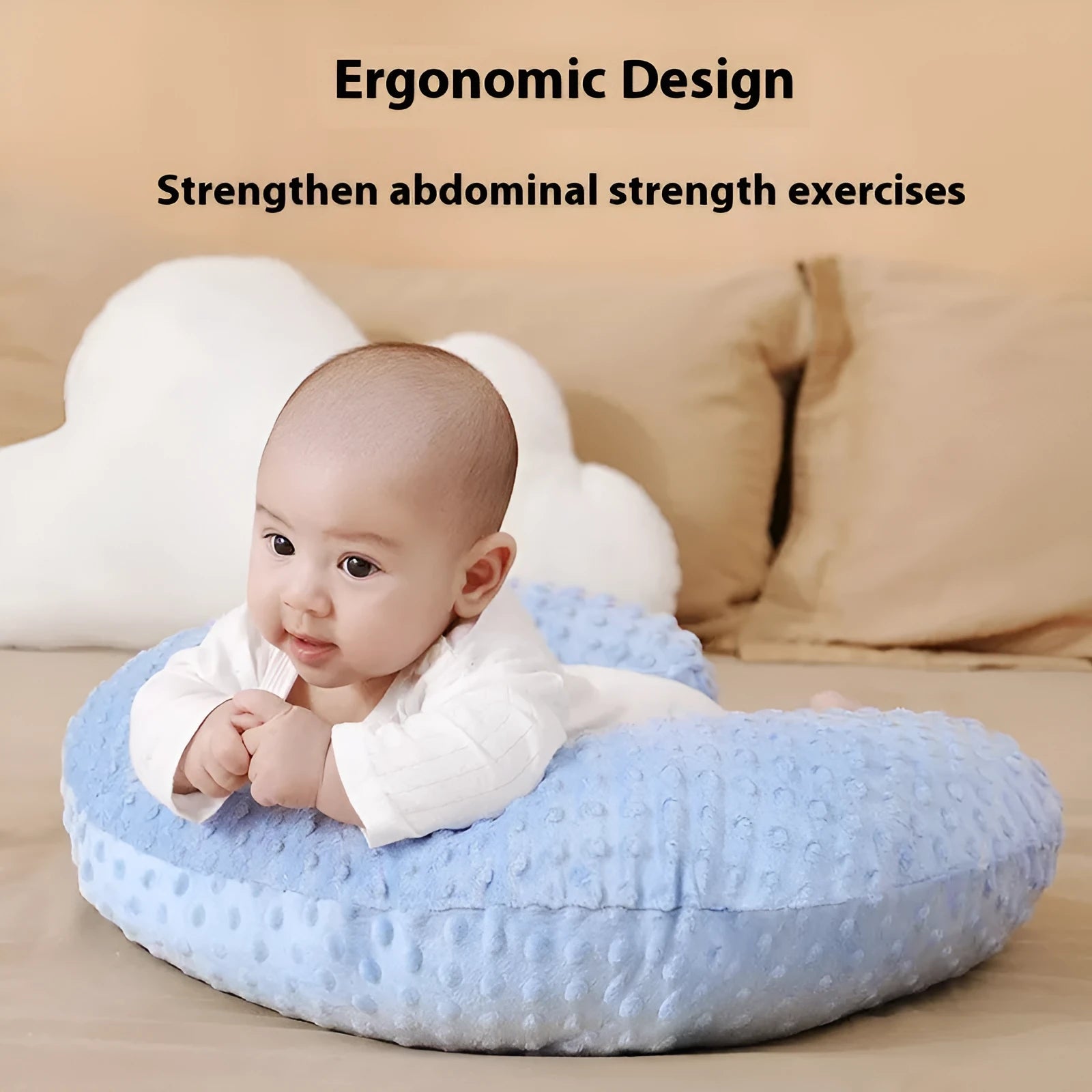 Grey nursing pillow with curved shape for feeding and spill prevention.