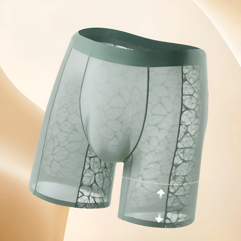 Men's seamless leopard jacquard boxer long track pants in polyester, available in five colours and sizes L to XXXXL.