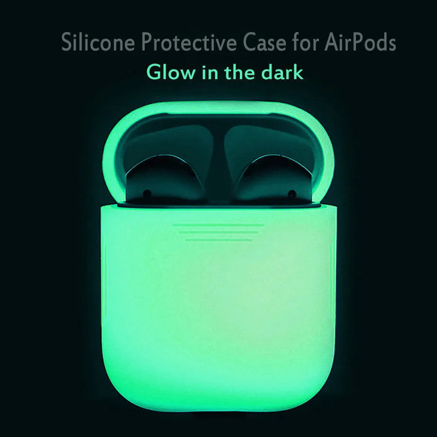Glow-in-the-dark silicone flip-top protective case for Apple AirPods on a dark background