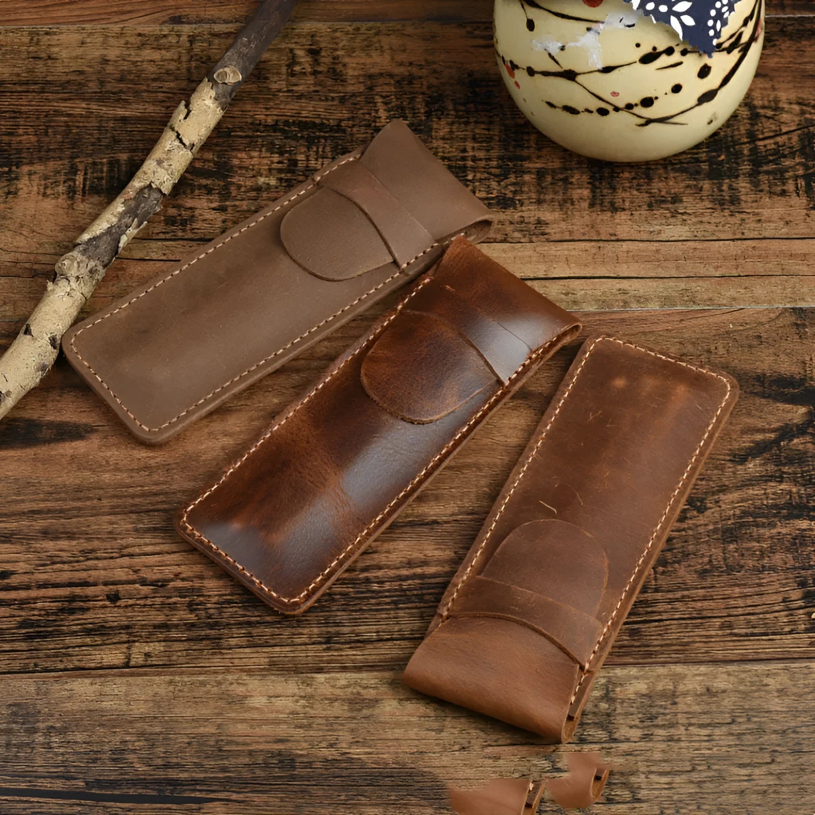 Square vintage leather pencil case showing retro crazy horse texture and 16cm by 6cm dimensions