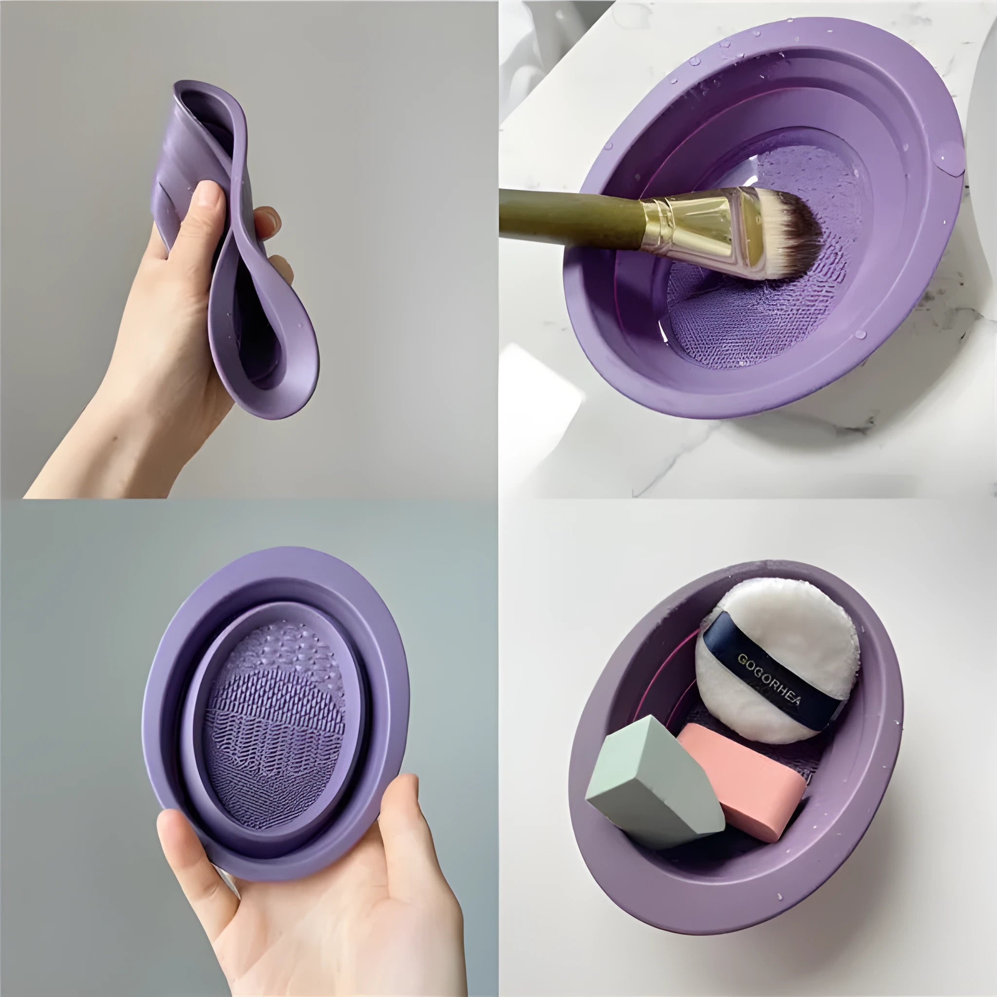 Silicone foldable makeup brush cleaning bowl with textured scrubbing plate in pastel pink