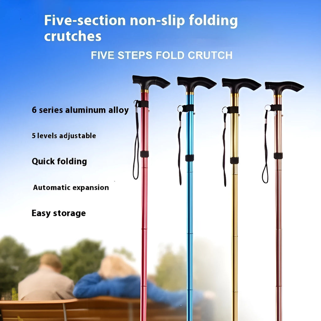 Aluminium alloy folding walking cane extended and folded, showing adjustable length and non-slip handle.