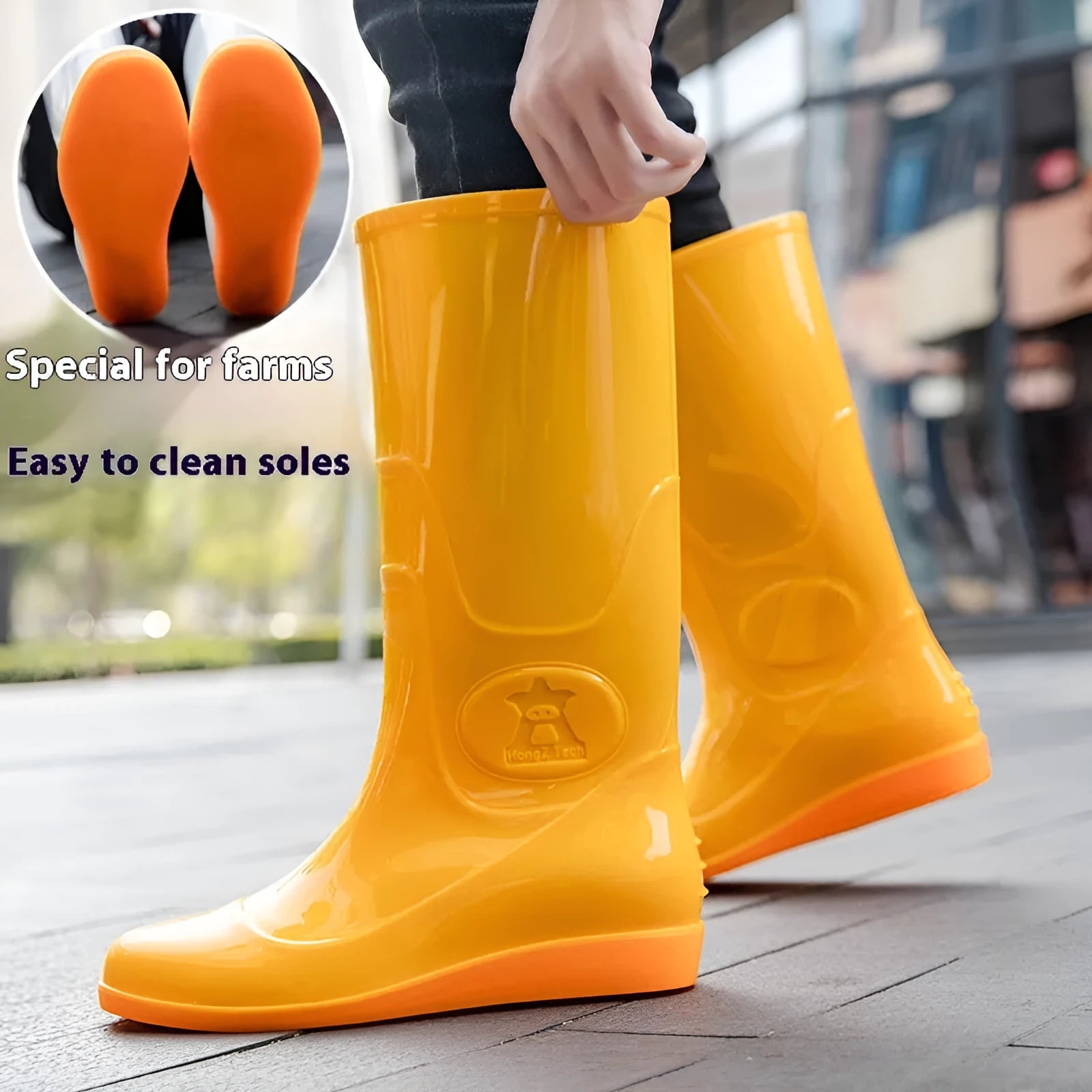 Flat plastic rain boots in white and yellow colours with high tube design