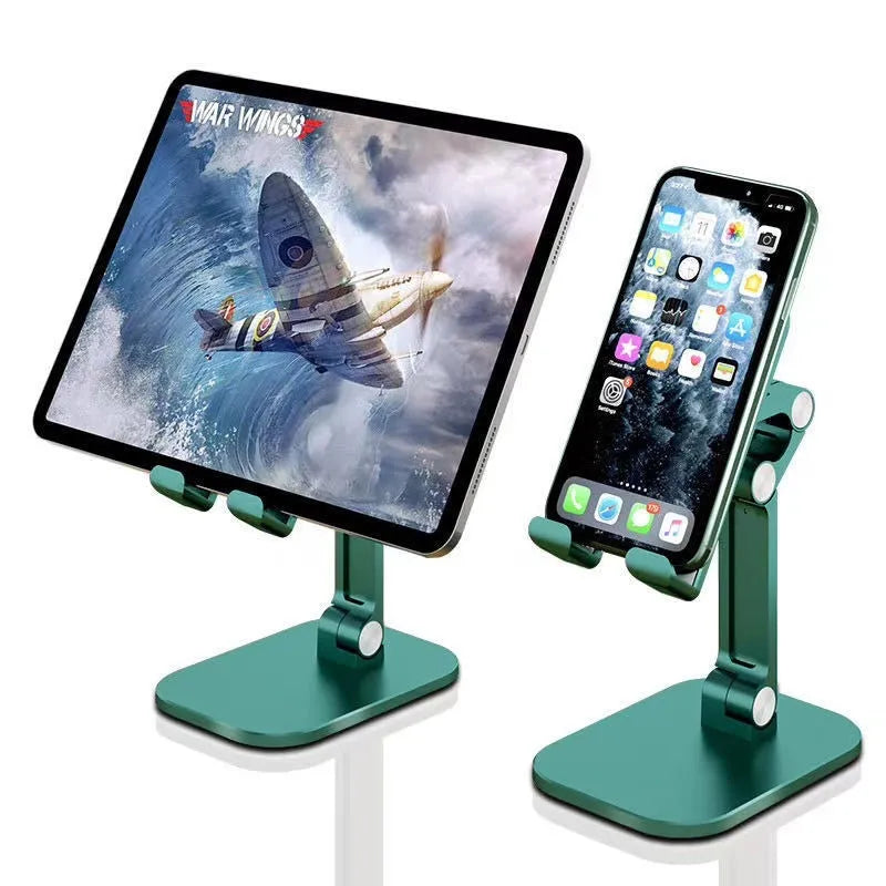 Universal metal folding phone holder in black, white or green with 360 rotating option for desk and car use