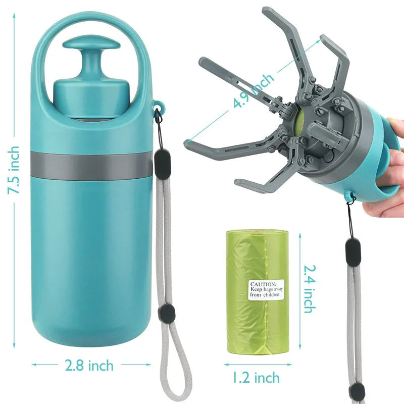 Blue portable dog pooper scooper with eight-claw shovel and built-in bag dispenser