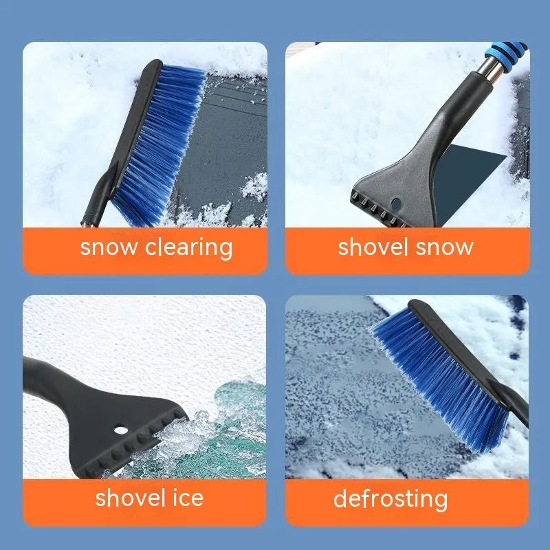 Yellow and blue telescopic car snow brush and ice scraper with a long plastic handle.