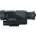 Black infrared digital night vision telescope with 40mm lens, rubber coating, and storage bag on a table.