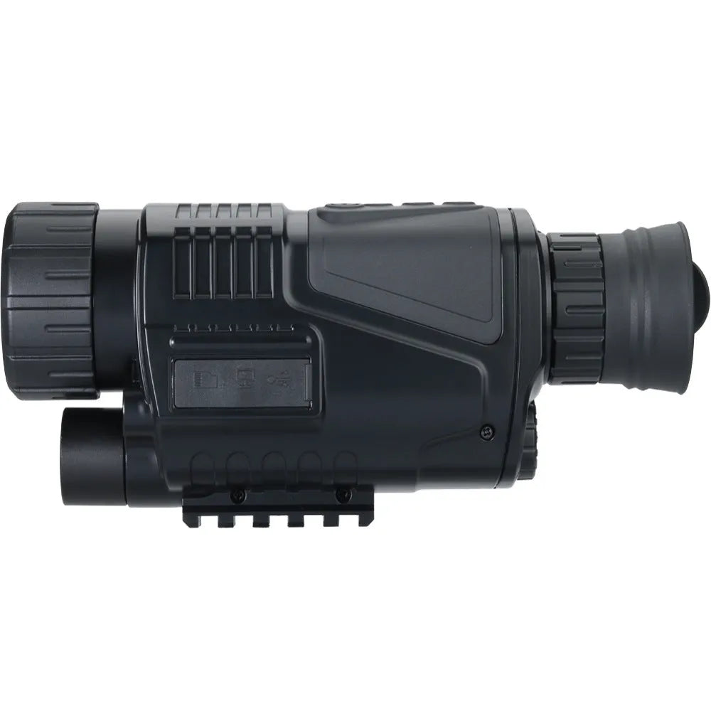 Black infrared digital night vision telescope with 40mm lens, rubber coating, and storage bag on a table.