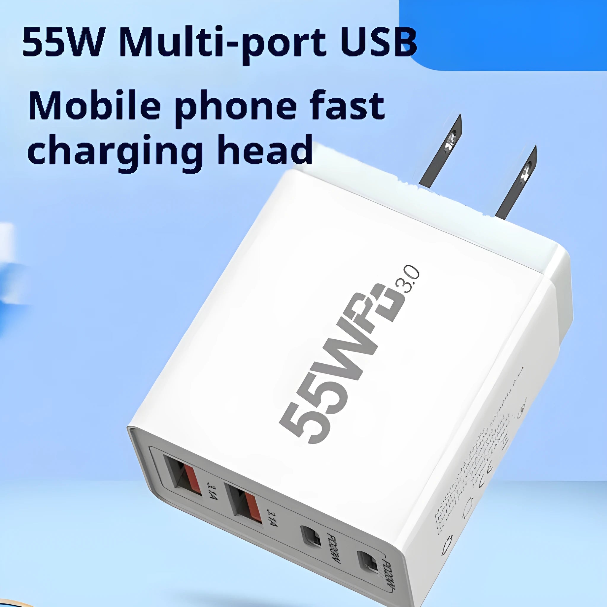 55W multi-port white USB charging plug with Type-C interface on a plain background