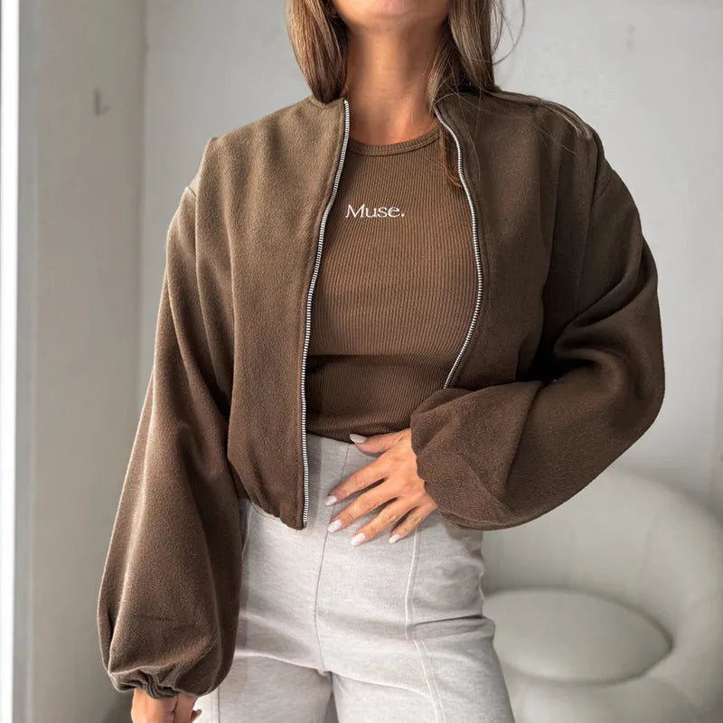 Women's off-shoulder short coat with long lantern sleeves in brown, loose casual fit.
