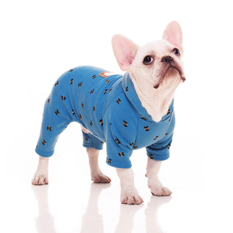 Blue velvet pet hoodie for dogs, available in sizes XS to XXXL with chest and back measurements