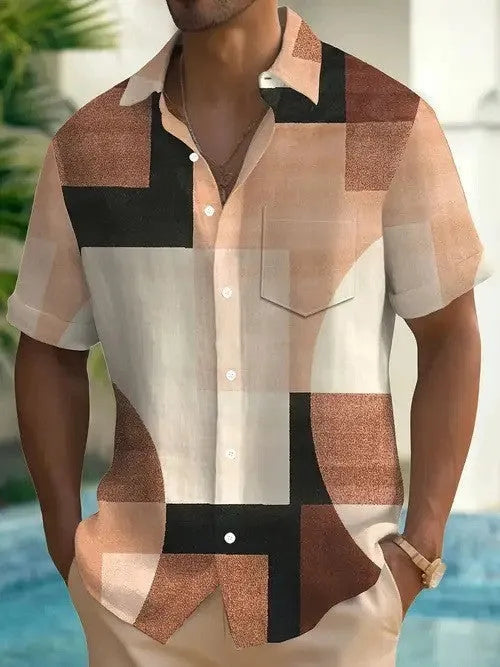 Men's loose cardigan shirt with retro geometric contrast colour 3D print on elastic polyester fabric