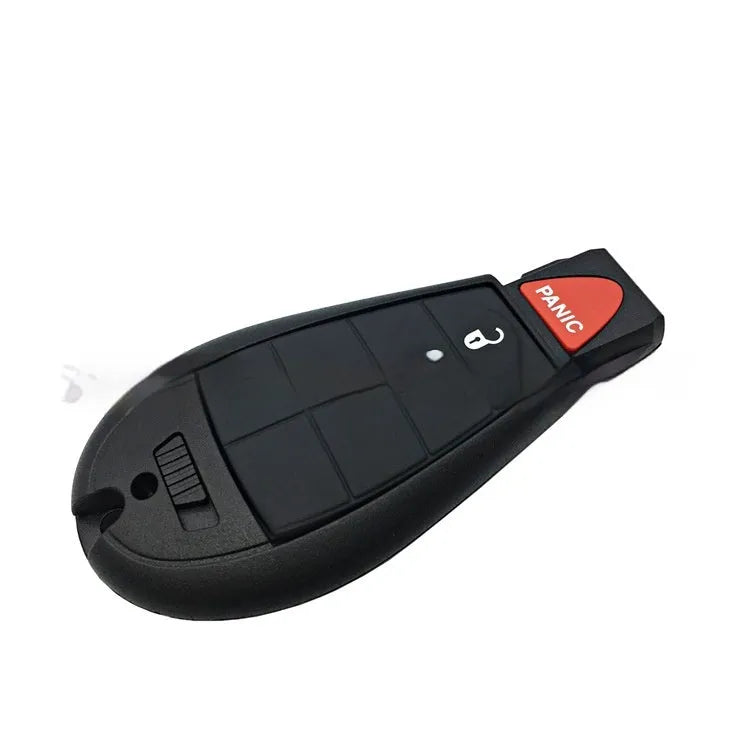 Empty replacement smart key shell for Dodge and Chrysler vehicles, showing dimensions and model codes.