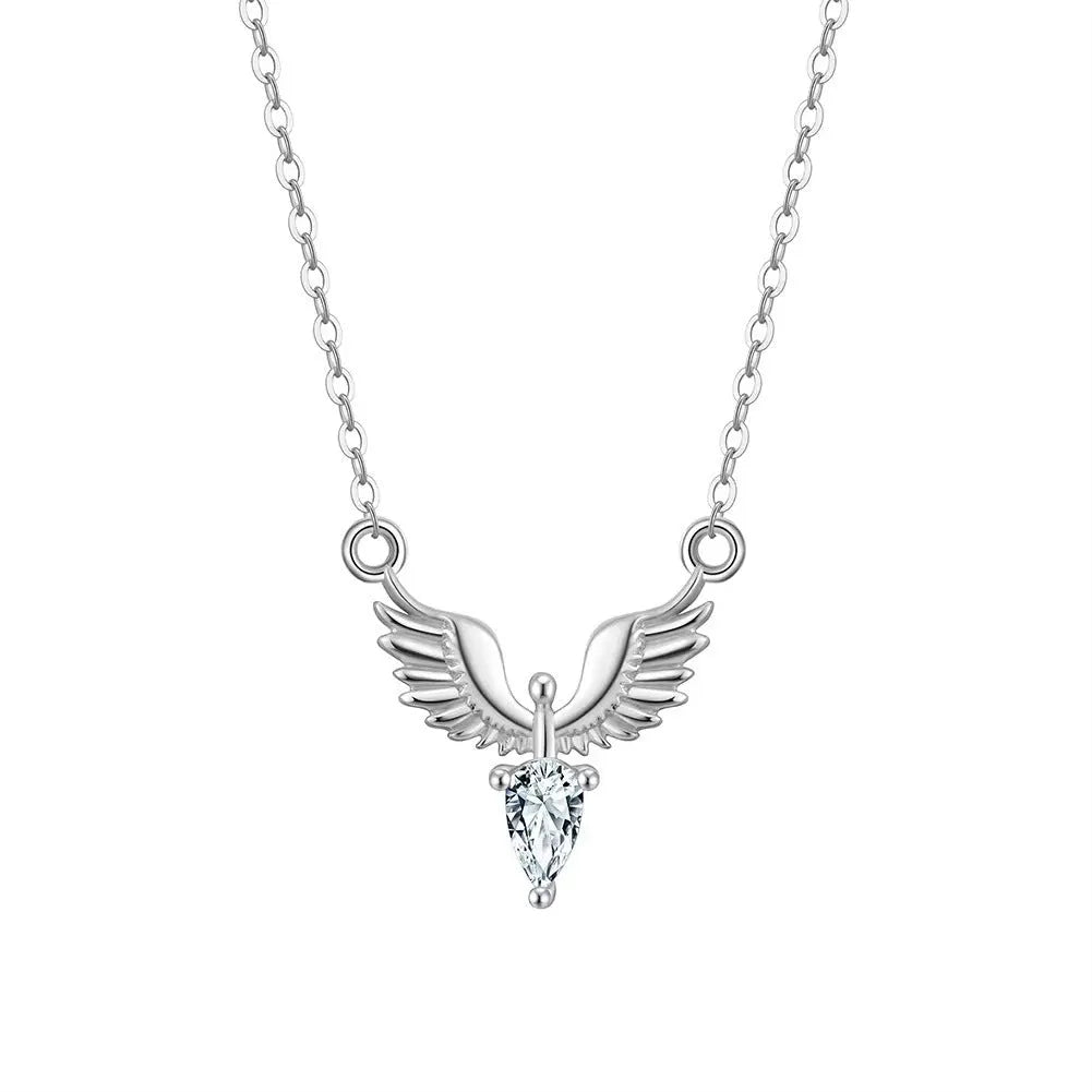 Women's sterling silver eagle pendant necklace on an adjustable O-ring chain in white gold colour.