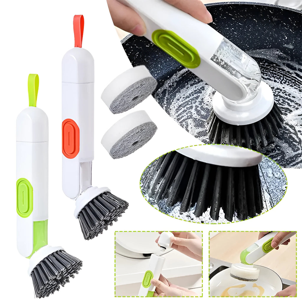 White and red long-handle cleaning brush with liquid dispenser and two brush heads for kitchen use