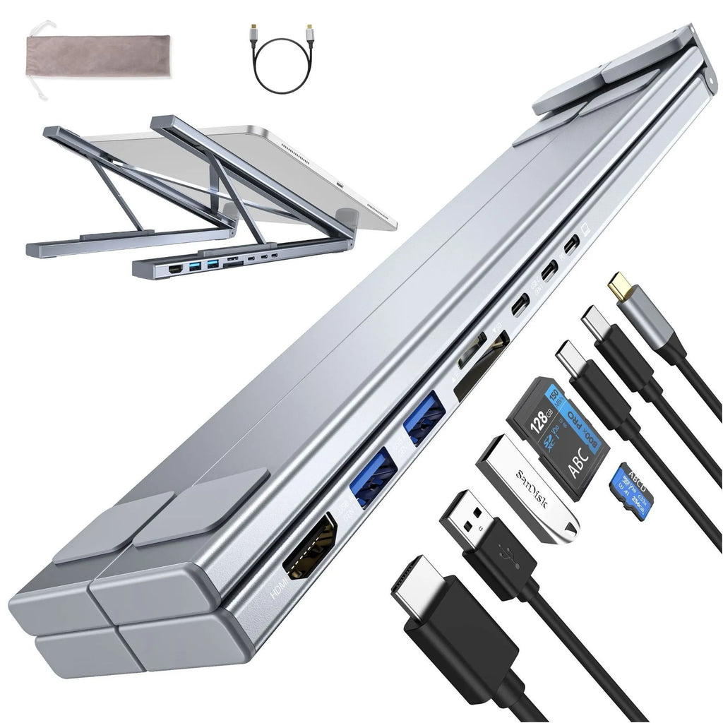 Aluminium alloy laptop docking station stand with folding design and integrated 8-in-1 HUB interfaces