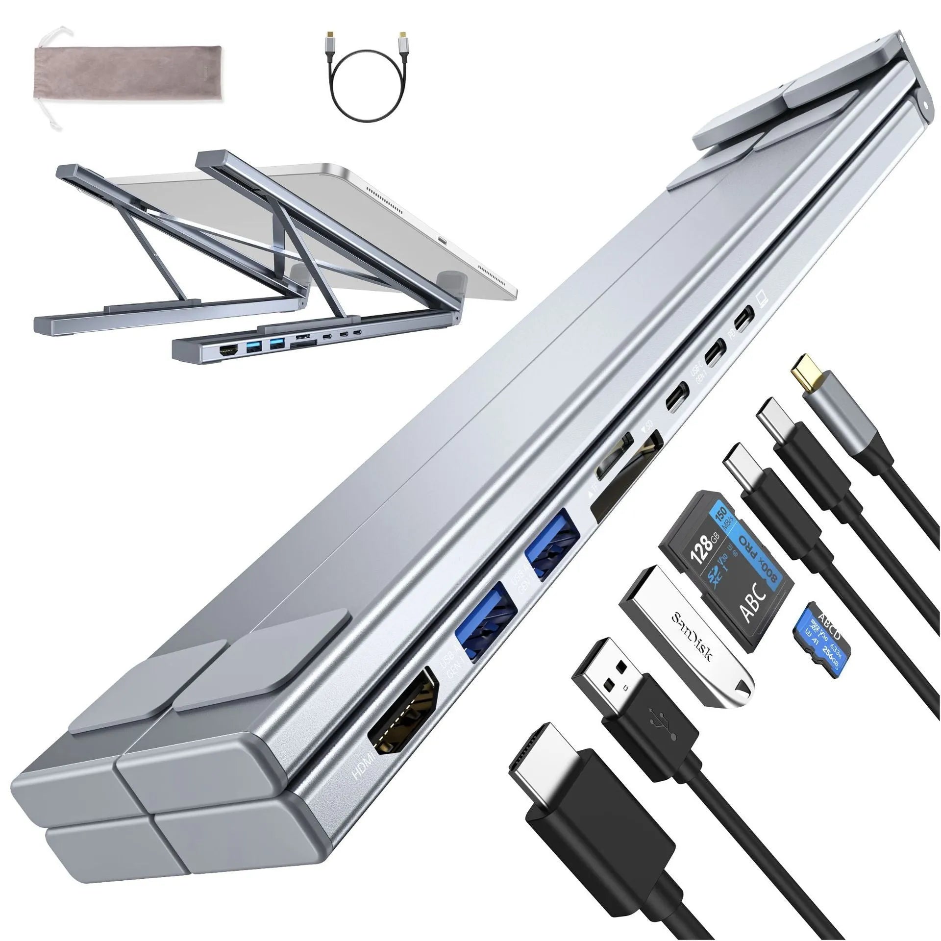 Aluminium alloy laptop docking station stand with folding design and integrated 8-in-1 HUB interfaces