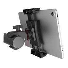 Black universal bicycle handlebar mount bracket for mobile phones and tablets on a bike.