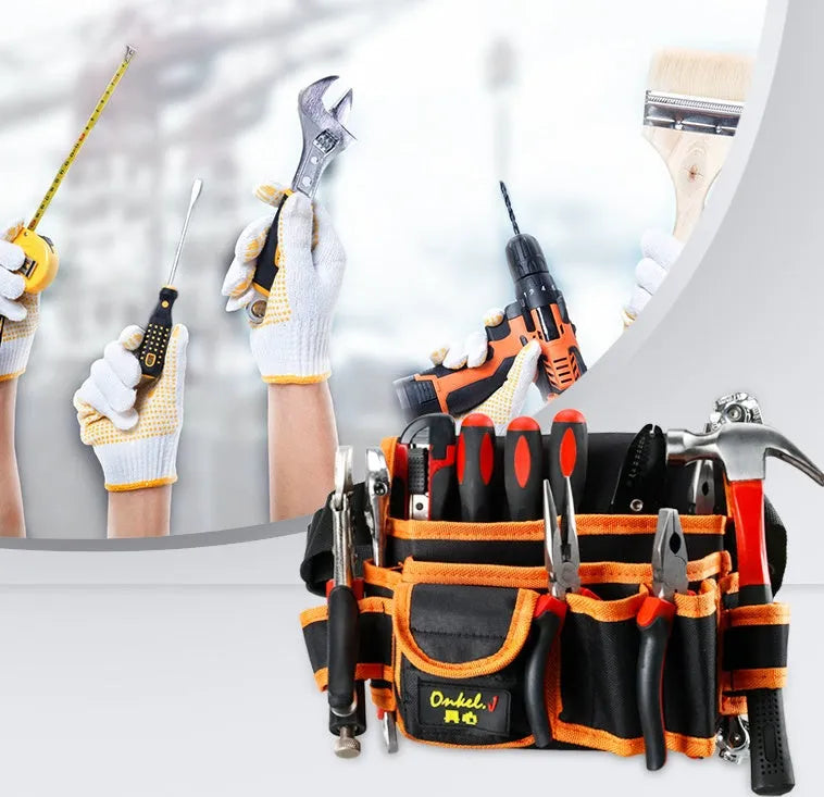 Orange canvas tool belt bag with 564mm size and 10kg capacity, construction site use