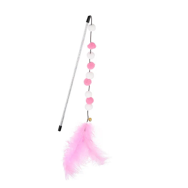 Acrylic pompon cat teaser stick with feather attachments and bell, 31cm long in multiple colours