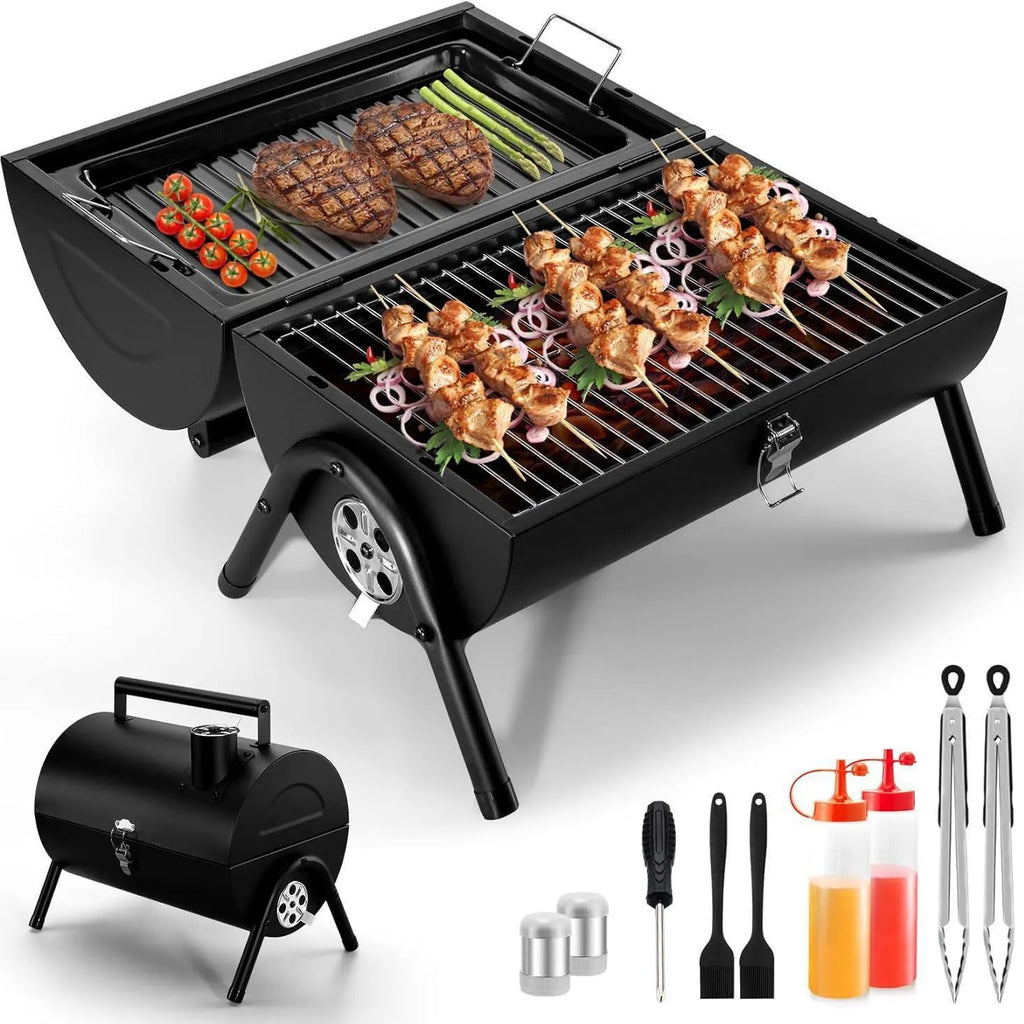 Small black folding desktop charcoal barbecue grill with temperature control knob