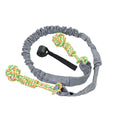 A woven cotton rope dog toy for tug of war and chewing, shown in black, grey, and red.