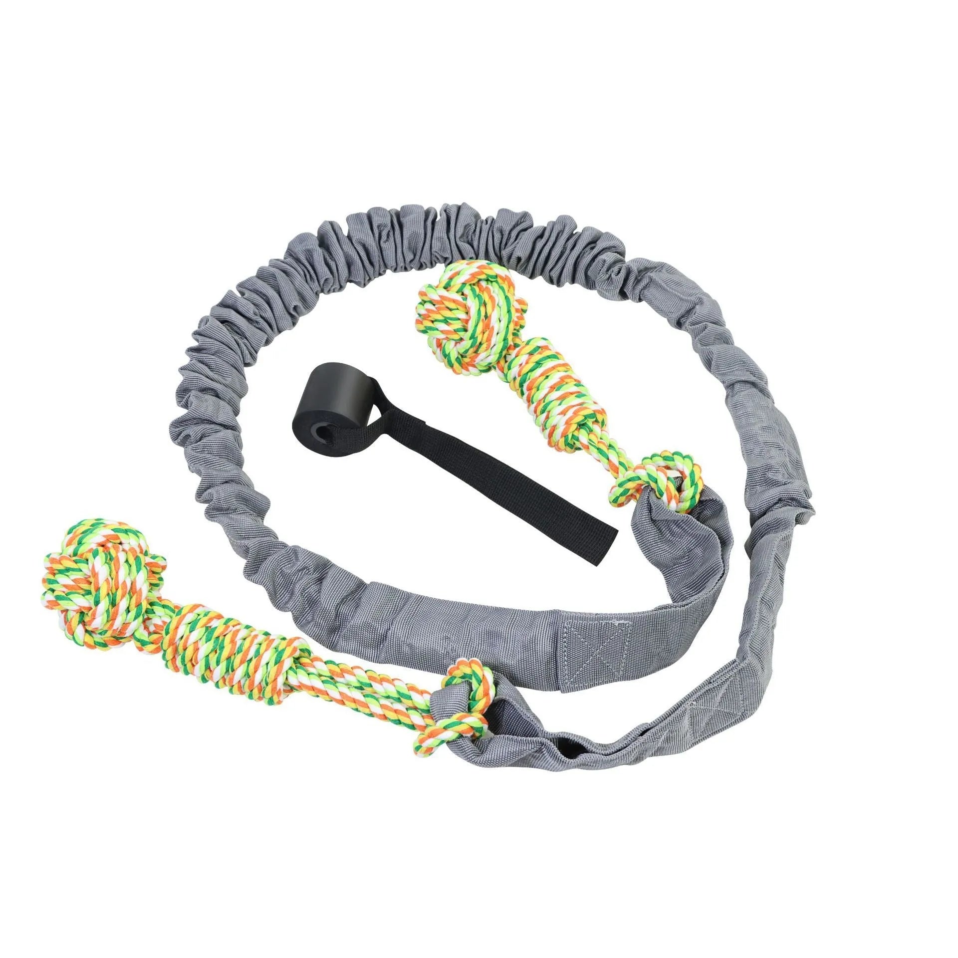 A woven cotton rope dog toy for tug of war and chewing, shown in black, grey, and red.