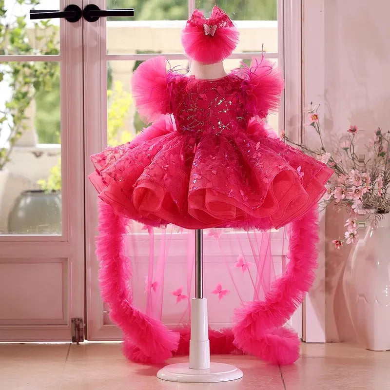 Rose red butterfly sequined long sleeve princess children's birthday party dress for girls 80-160cm