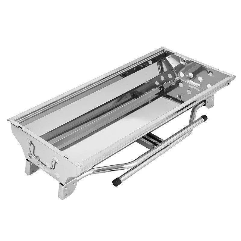 Stainless steel portable folding barbecue oven with cooking grill.
