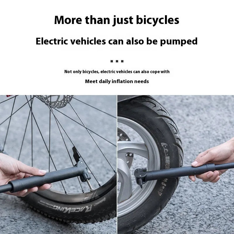 Black plastic portable mini bicycle tire inflator with gas nozzle on white background
