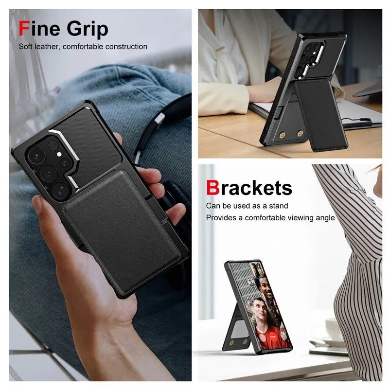 Black Samsung phone case with card slot and kickstand, made of PU and TPU, full cover drop-resistant.