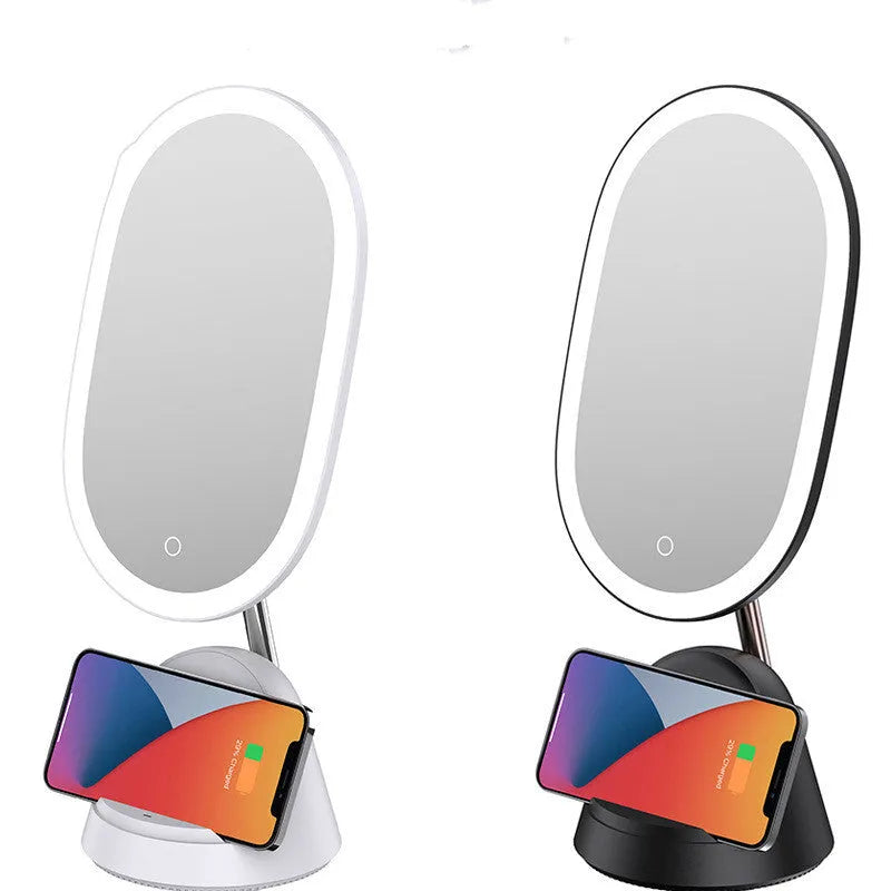 White desktop makeup mirror with integrated lighting standing 43.9cm tall on table surface