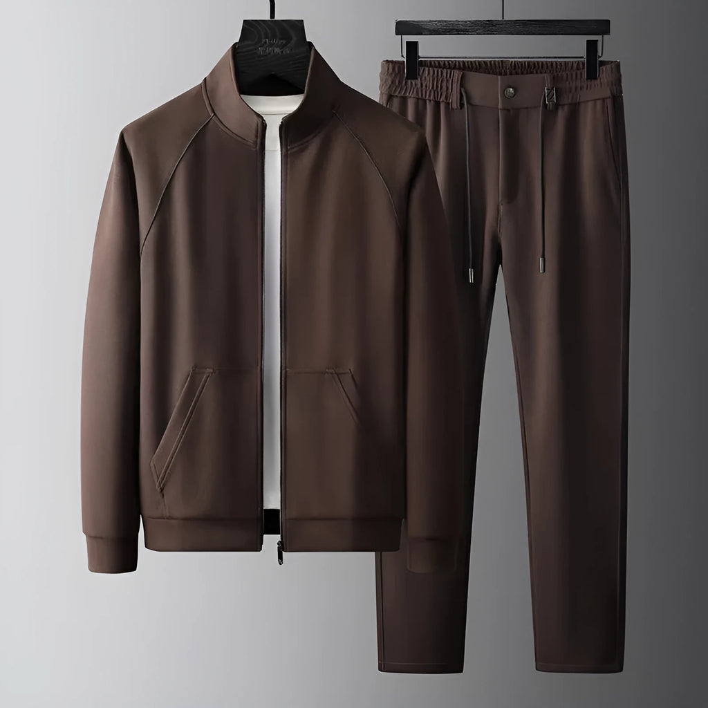 Slim fit stand collar casual sports suit set in black, black velvet, or coffee colour.