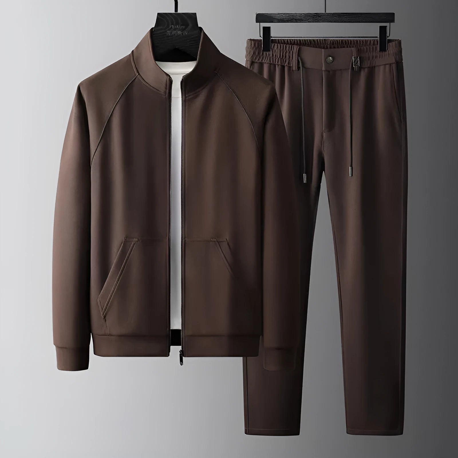 Slim fit stand collar casual sports suit set in black, black velvet, or coffee colour.