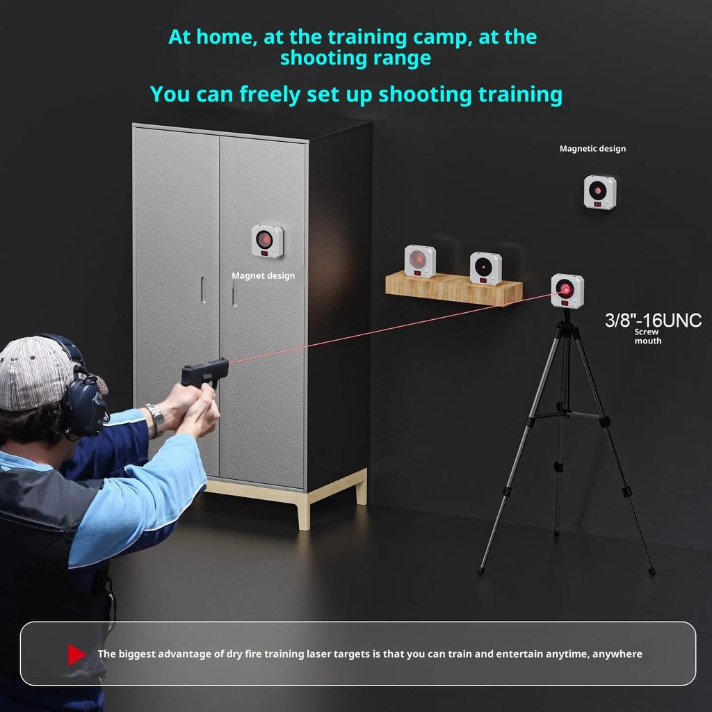 Dry fire laser target with infrared counting electronic system, ABS housing, magnetic plate, and four target rings on a tabletop