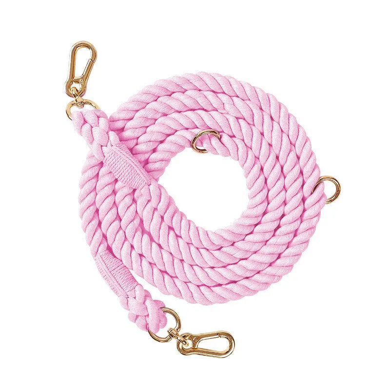 Woven rainbow colour dog leash with gold fittings, showing the double-headed rope design on a 250cm lead.
