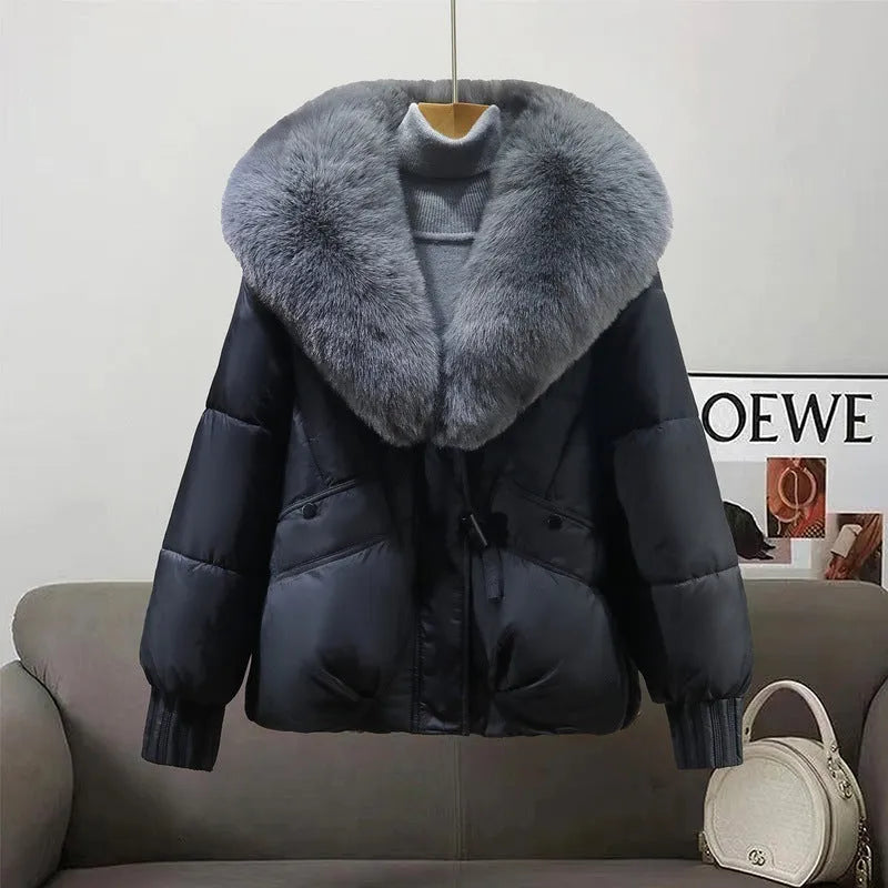 Women's beige coat with removable fur collar, Korean style, thick polyester, with pockets