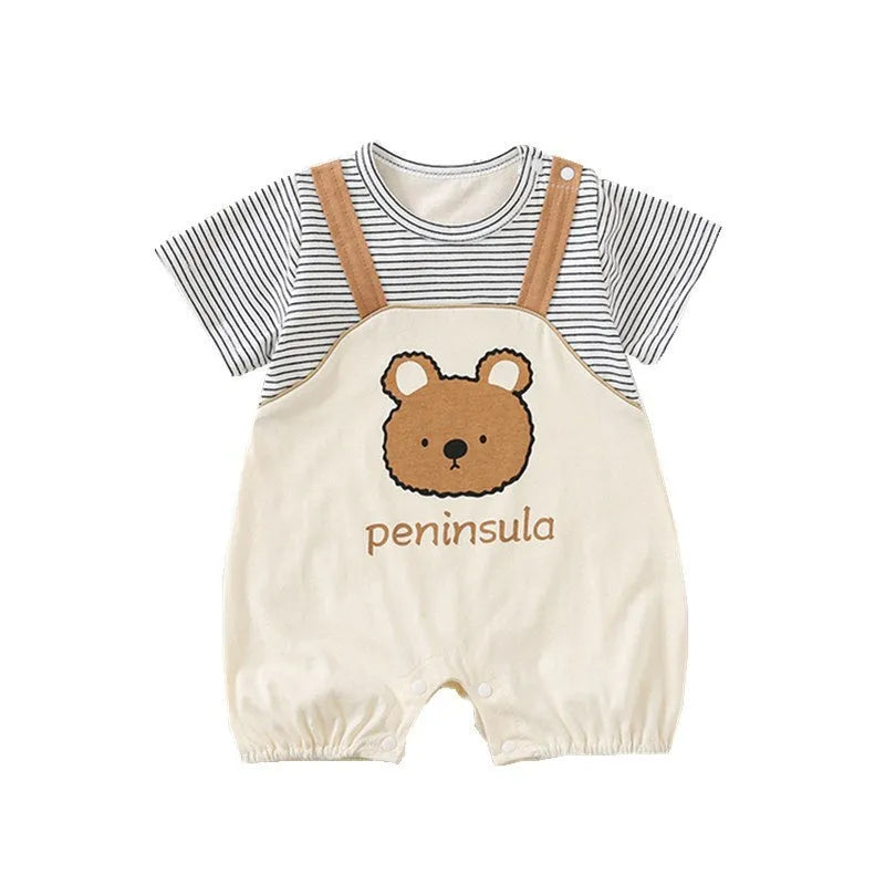 Cartoon bear print baby short sleeve cotton romper suit for summer.