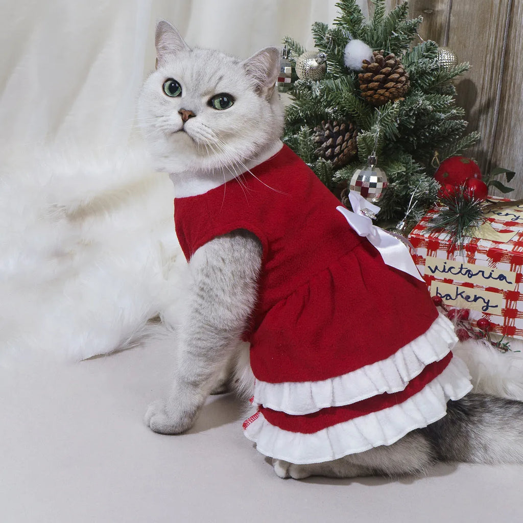 Red fleece pet Christmas dress with bow, pet size XS to XXL, European and American style