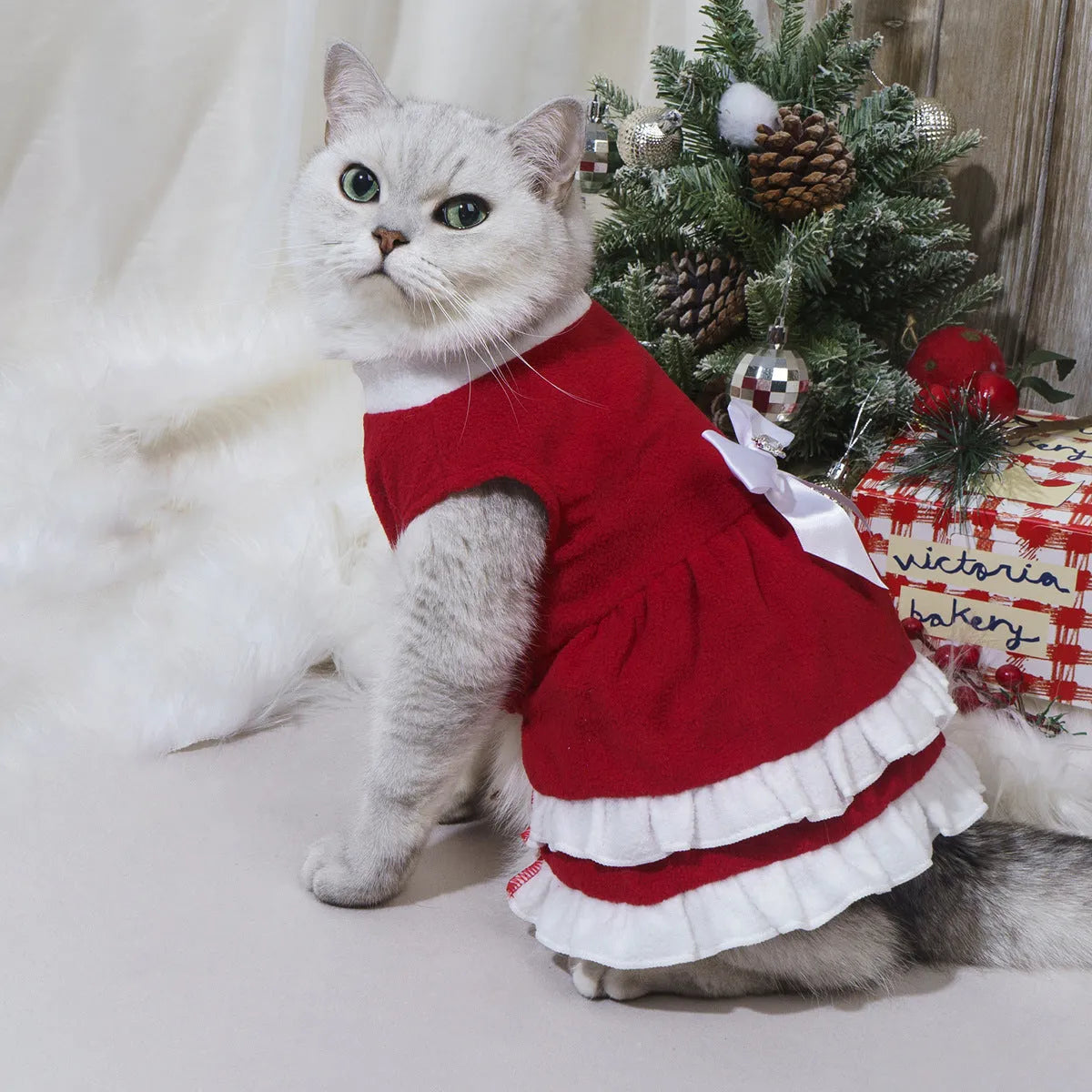 Red fleece pet Christmas dress with bow, pet size XS to XXL, European and American style