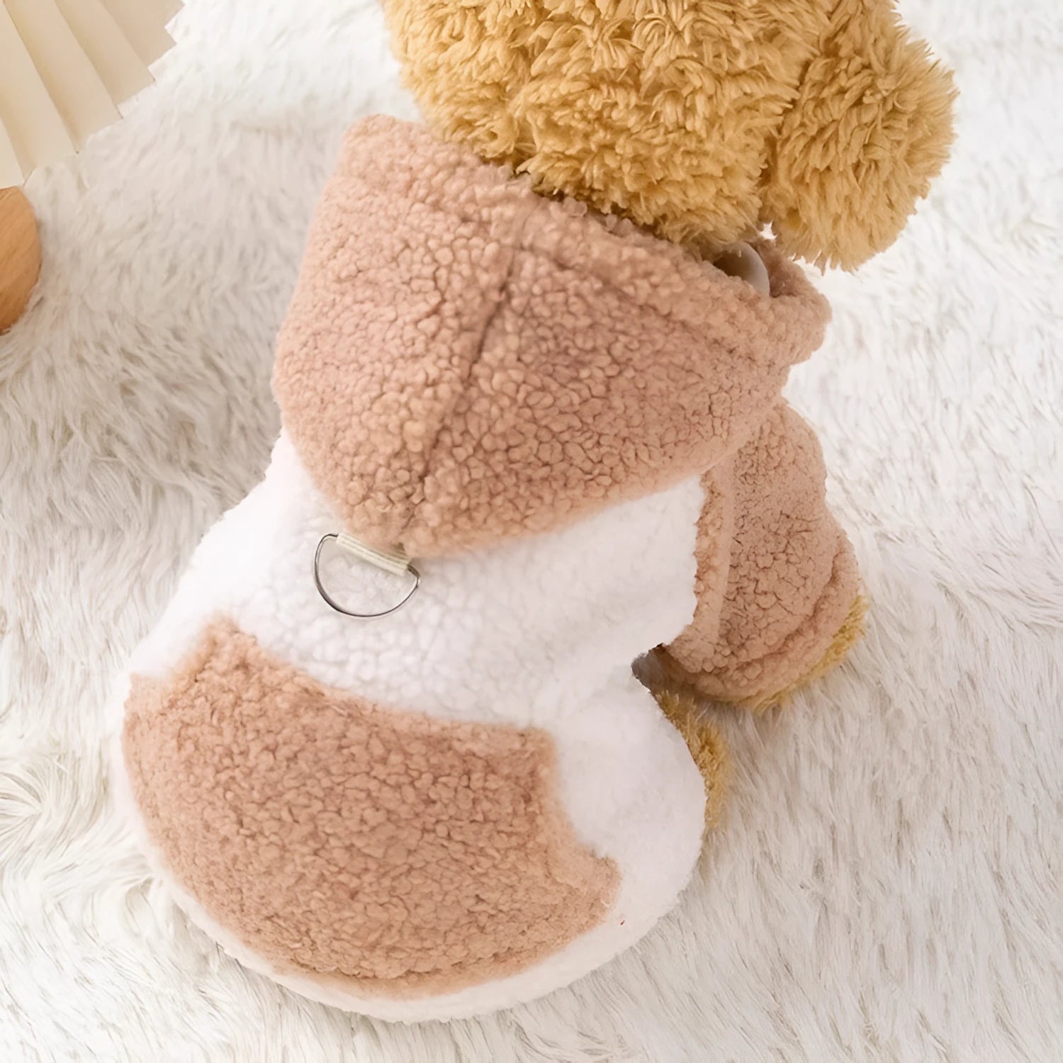 Brown hooded cotton-padded dog coat with long sleeves and an adjustable belly strap.
