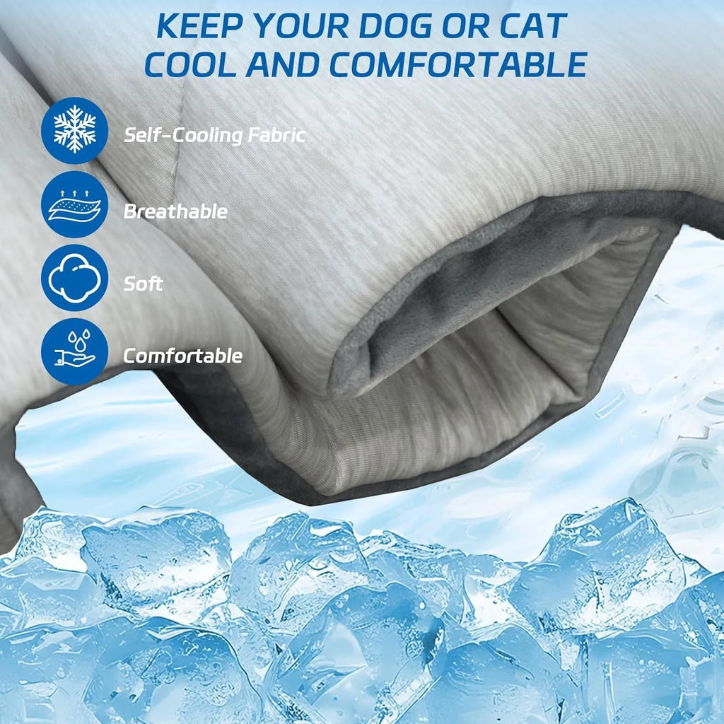 Light gray nylon pet cooling mat for dogs, machine washable, available in sizes M L XL