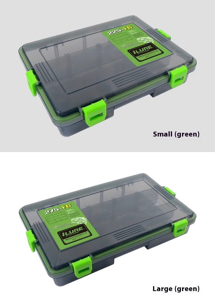 Blue waterproof PP fishing lure storage box with dimensions 275mm long by 180mm wide by 50mm deep.