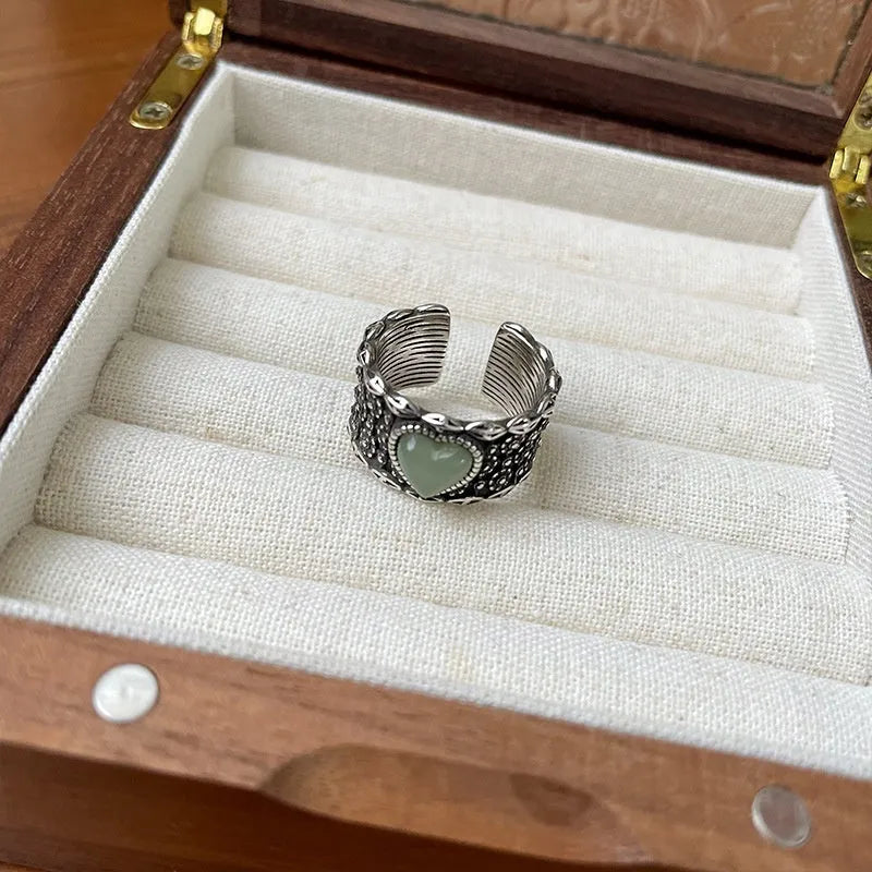 Adjustable opening retro moon heart ring in white copper plated silver
