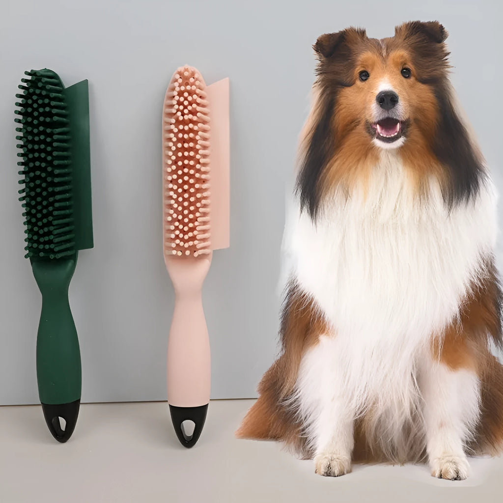 Green and pink dual-use dog brush and sticky clothes hair remover for pet grooming.