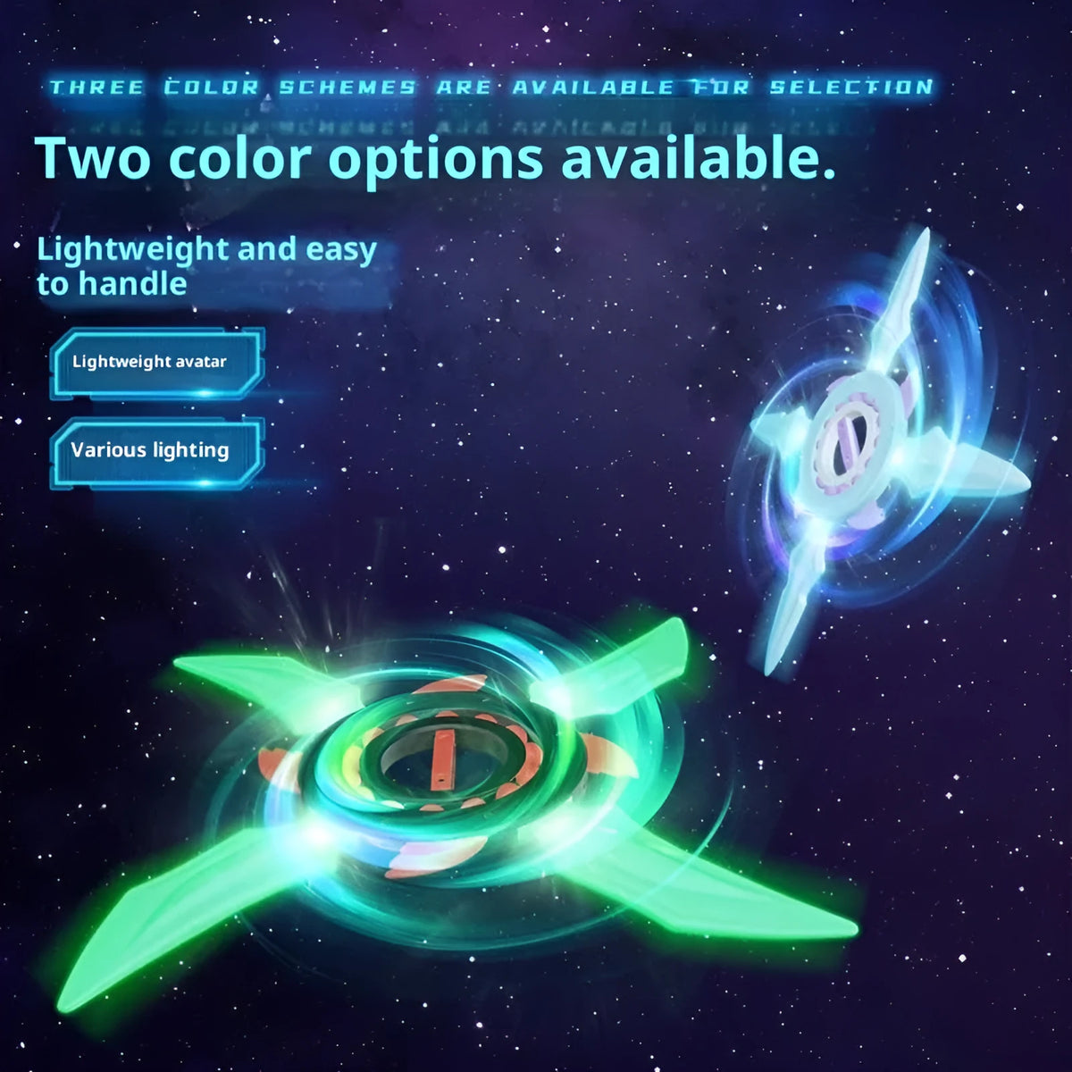 Light-up rotating shuriken toy in Cool Black or Maca Blue, supplied in a mail order box