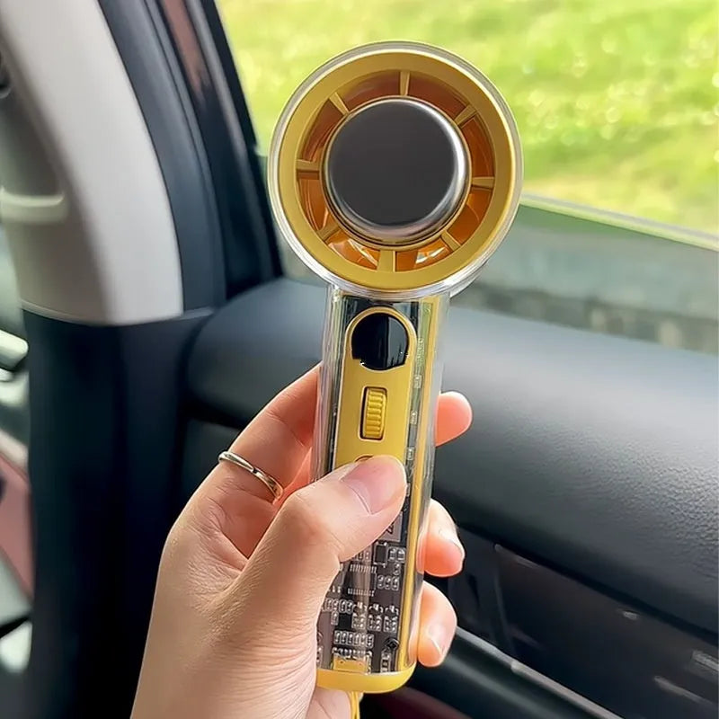 Portable handheld fan with refrigeration function in black, white or yellow colours showing compact design