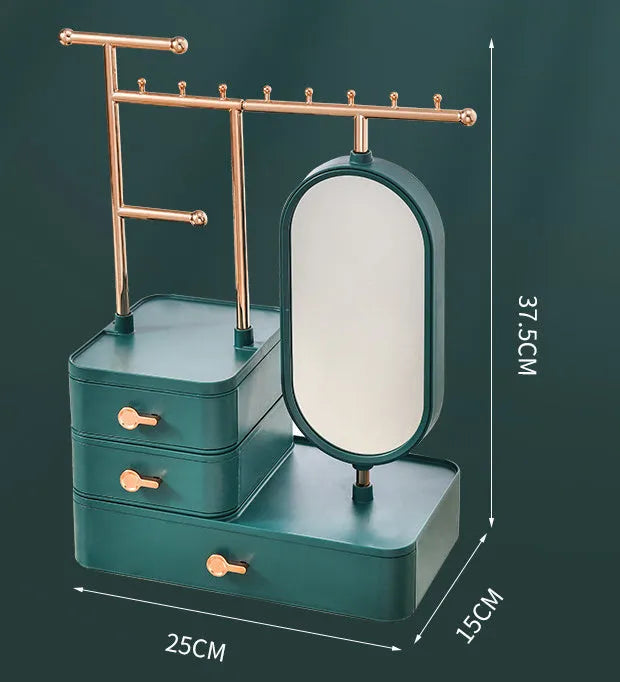 Cosmetics storage box with mirror in pearl white plastic, 27x17x18cm, on desktop with makeup items