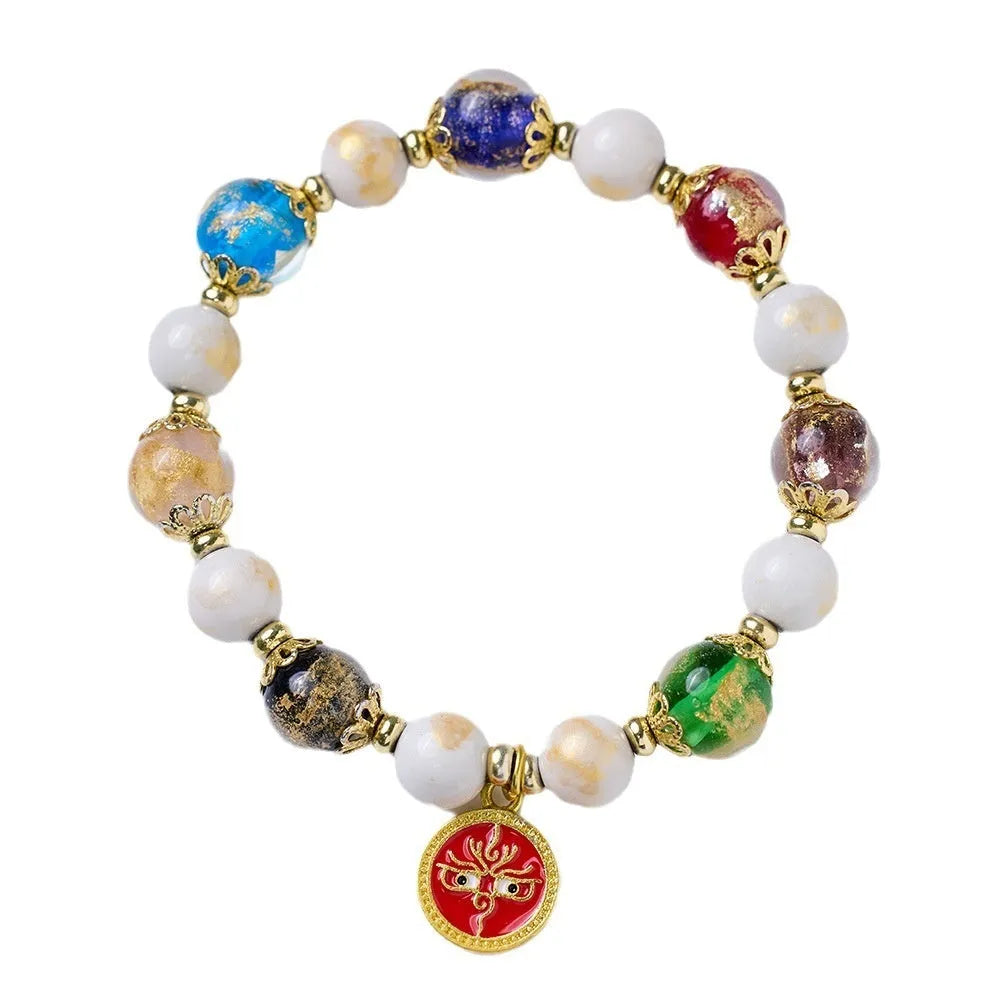 Handmade glazed glass bracelet with Five Gods of Wealth design in 10mm geometry shape.
