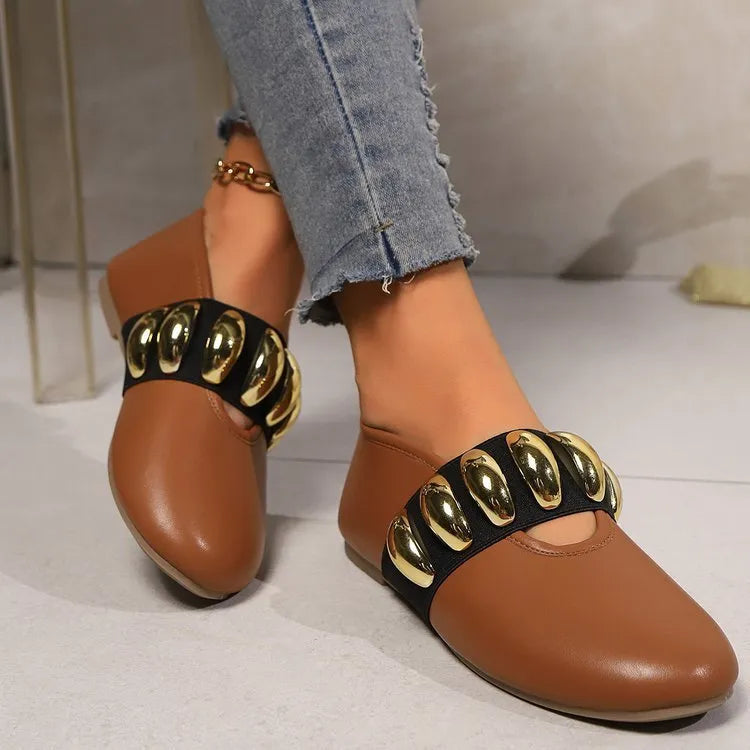 Women's brown artificial PU slip-on loafers with metal buckle and sequin decoration on front